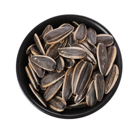 Photo of Sunflower seeds in bowl isolated on white, top view