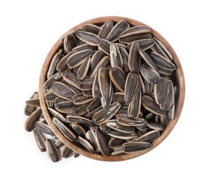 Photo of Sunflower seeds in wooden bowl isolated on white, top view