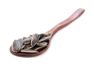 Photo of Sunflower seeds in wooden spoon isolated on white