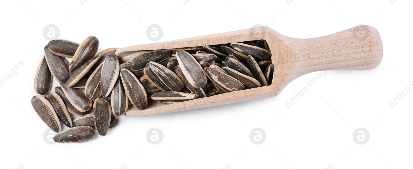 Photo of Sunflower seeds in wooden scoop isolated on white, top view