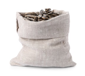 Sunflower seeds in burlap sack isolated on white