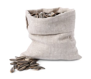 Photo of Sunflower seeds in burlap sack isolated on white