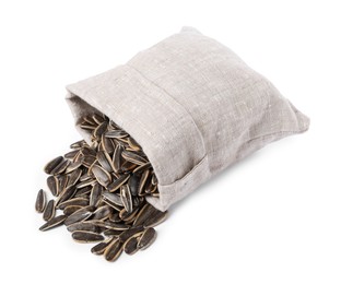 Sunflower seeds and overturned burlap sack isolated on white