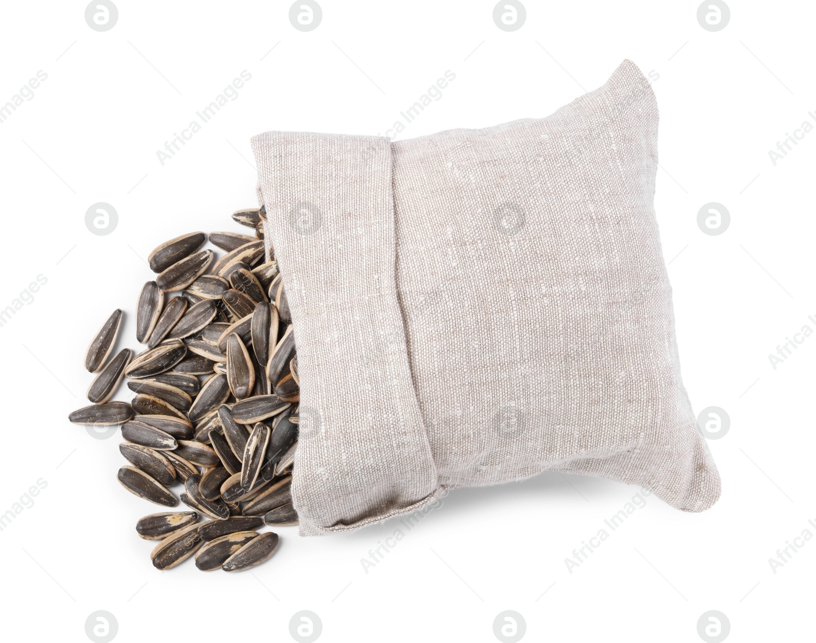 Photo of Sunflower seeds and overturned burlap sack isolated on white, top view