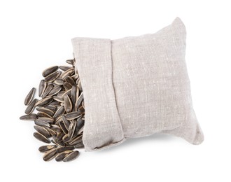 Photo of Sunflower seeds and overturned burlap sack isolated on white, top view