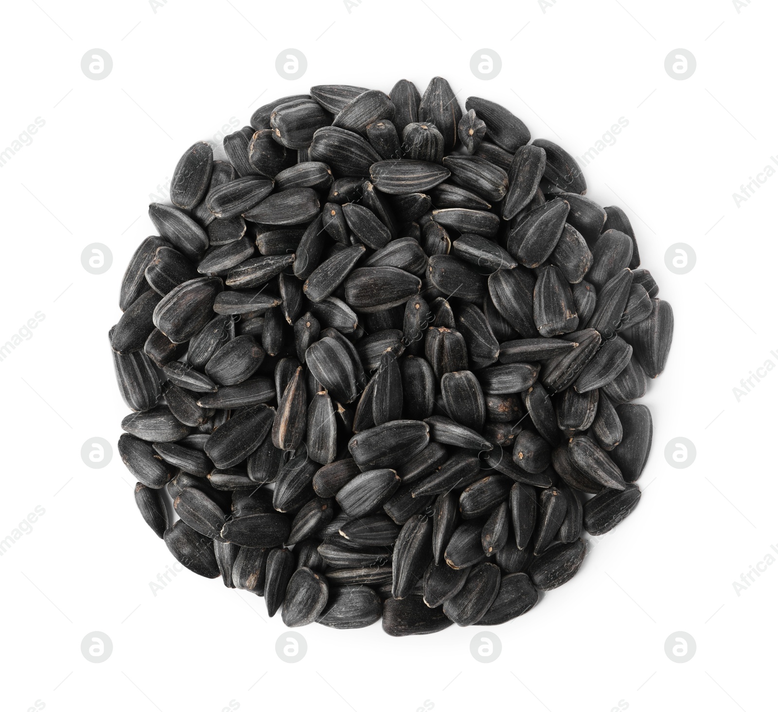 Photo of Pile of sunflower seeds isolated on white, top view