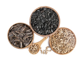 Different sunflower seeds in bowls and wooden spoon isolated on white, top view