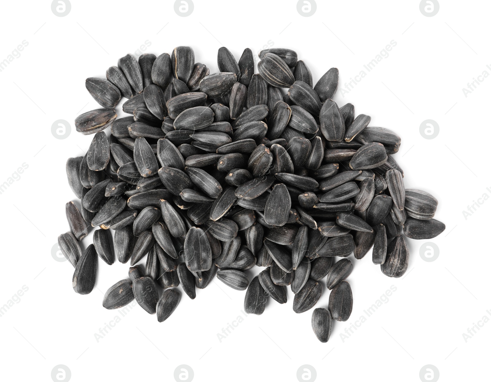 Photo of Pile of sunflower seeds isolated on white, top view