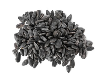 Pile of sunflower seeds isolated on white, top view