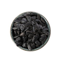 Photo of Sunflower seeds in bowl isolated on white, top view