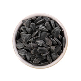 Photo of Sunflower seeds in bowl isolated on white, top view