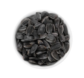 Sunflower seeds in bowl isolated on white, top view