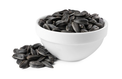 Photo of Sunflower seeds in bowl isolated on white