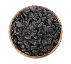 Sunflower seeds in wooden bowl isolated on white, top view