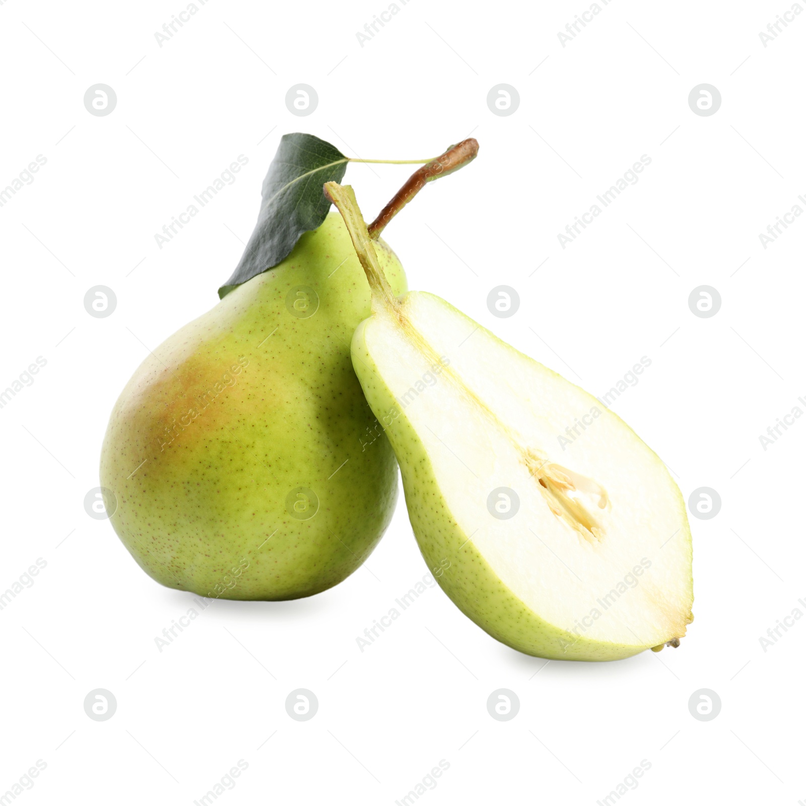 Photo of Fresh ripe pears with green leaf isolated on white