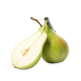 Photo of Fresh ripe pears with green leaf isolated on white