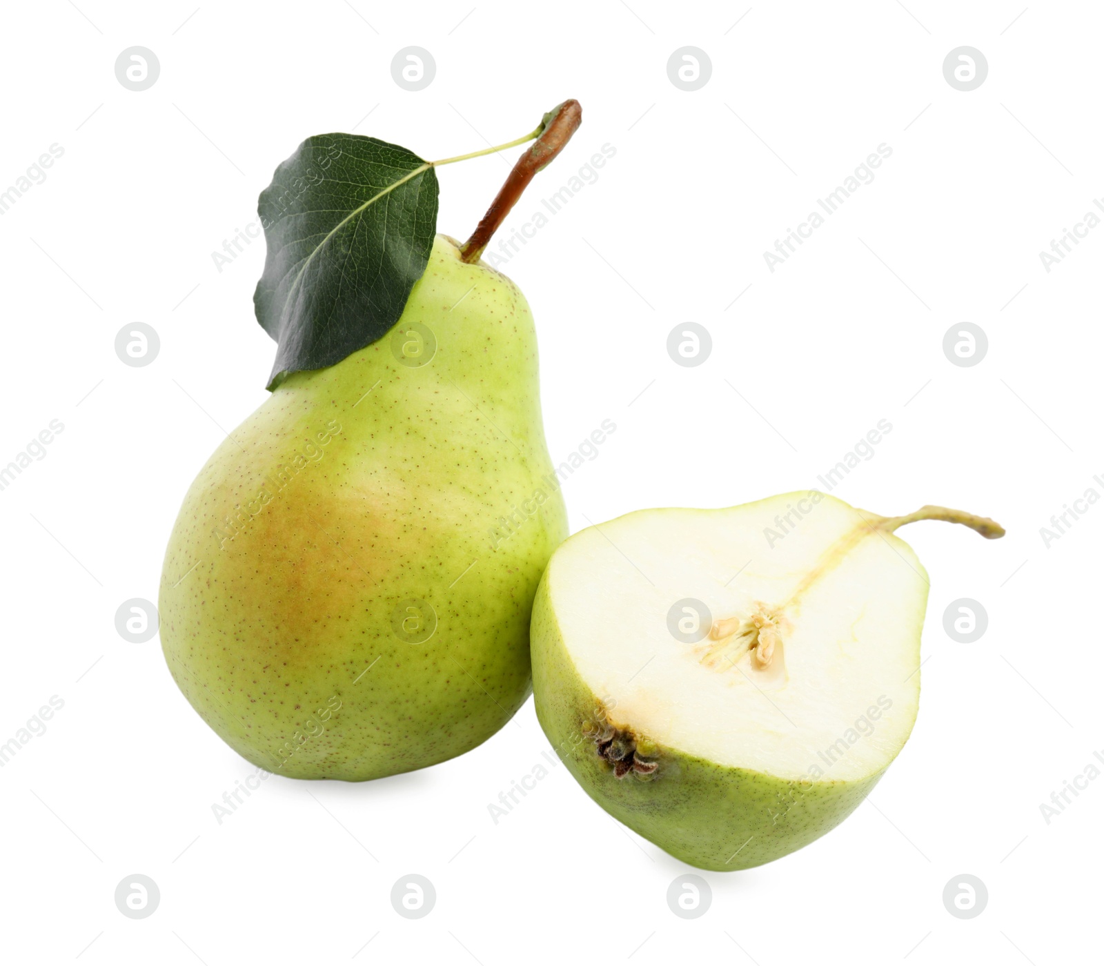 Photo of Fresh ripe pears with green leaf isolated on white