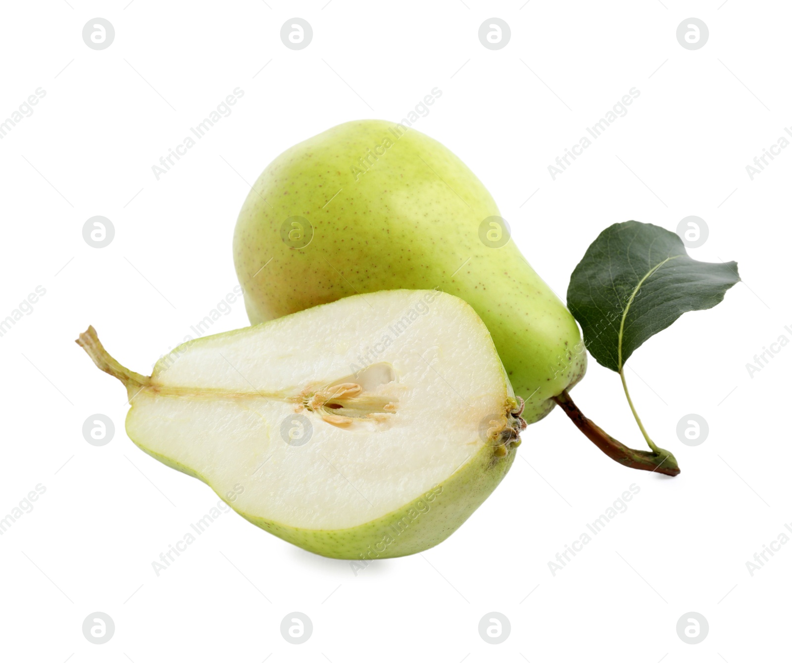 Photo of Fresh ripe pears with green leaf isolated on white