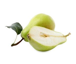 Photo of Fresh ripe pears with green leaf isolated on white