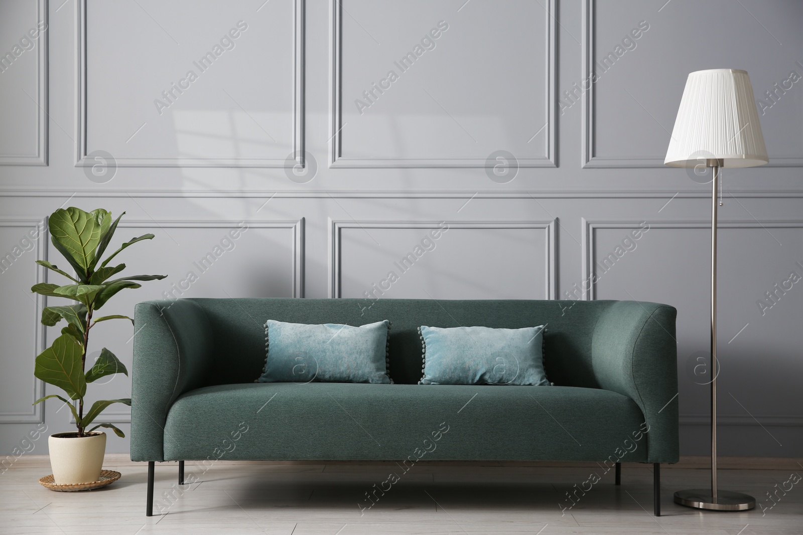 Photo of Comfortable sofa, houseplant and lamp near grey wall in room