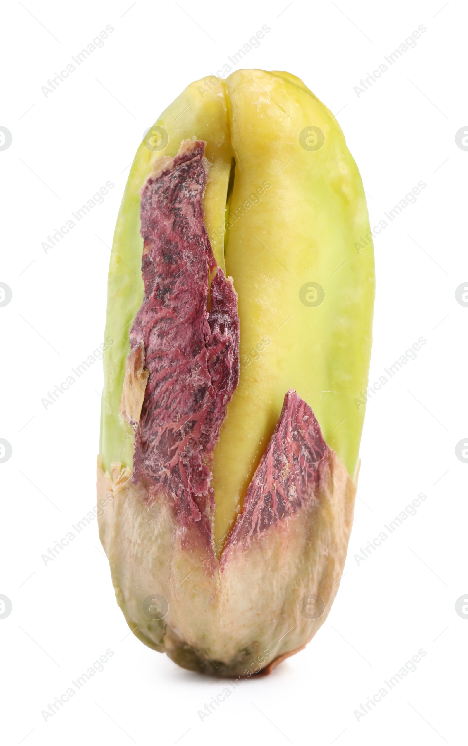 Photo of One peeled pistachio nut isolated on white