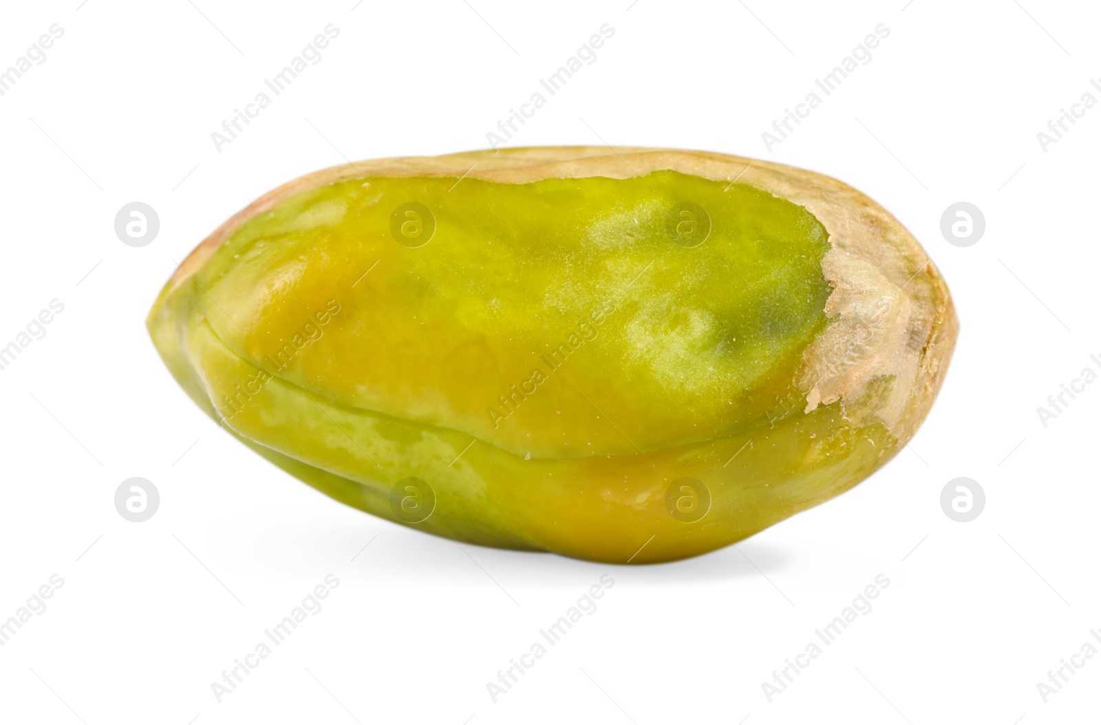 Photo of One peeled pistachio nut isolated on white