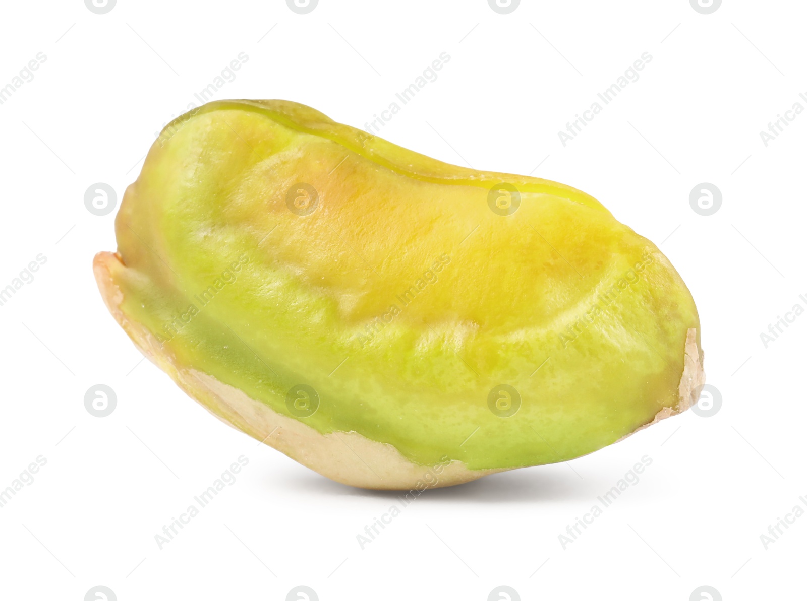 Photo of One peeled pistachio nut isolated on white