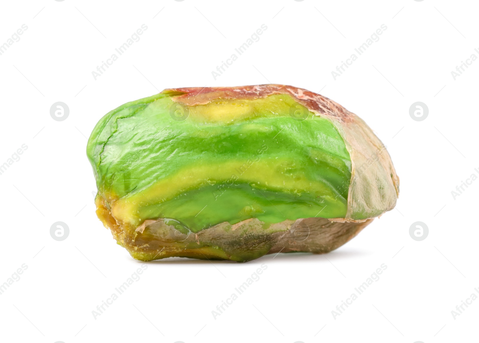 Photo of One peeled pistachio nut isolated on white