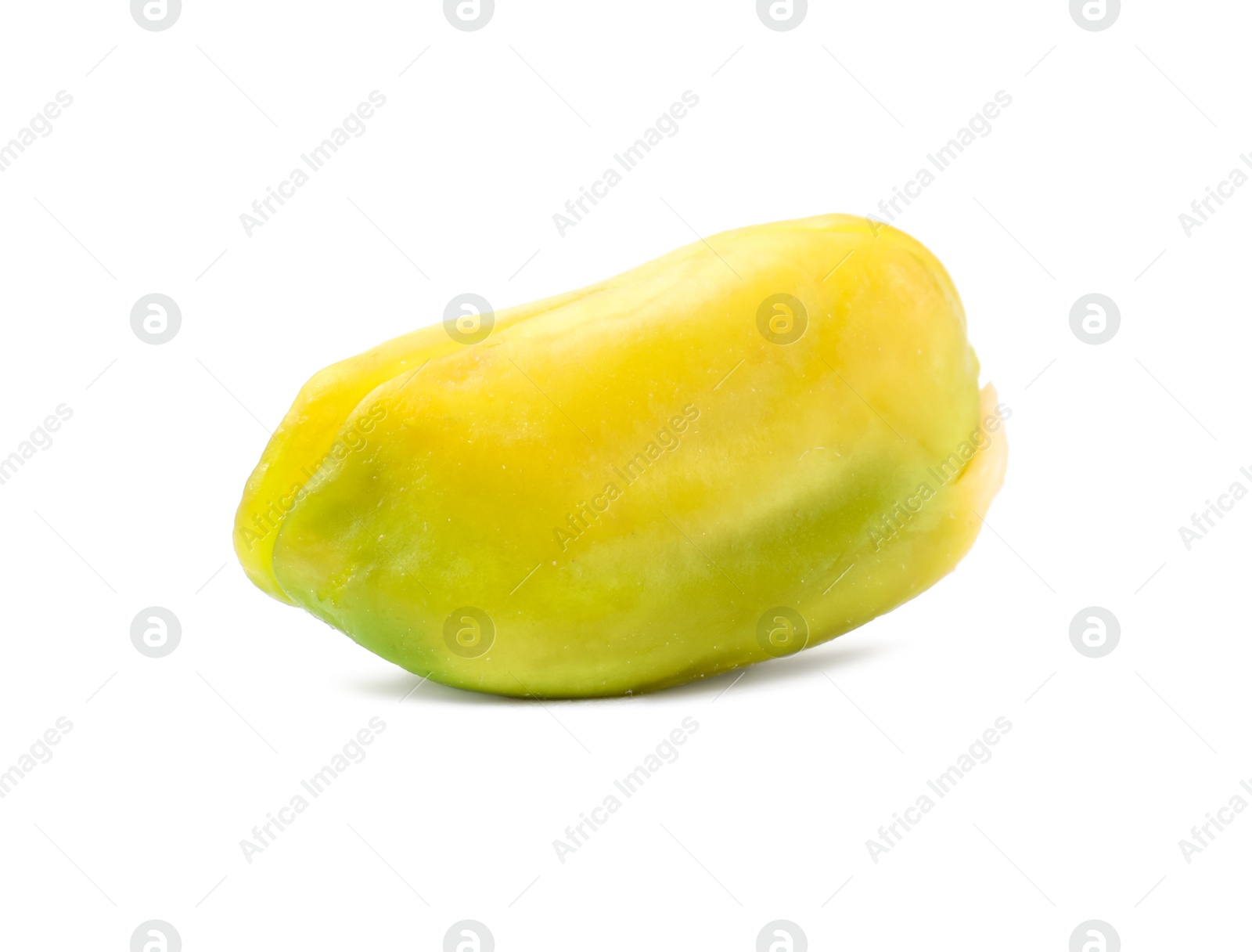 Photo of One peeled pistachio nut isolated on white