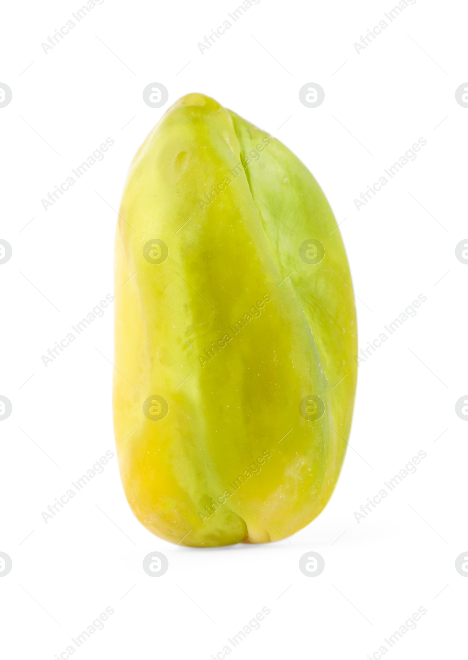 Photo of One peeled pistachio nut isolated on white