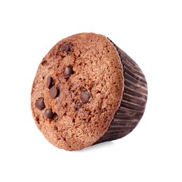 Photo of Delicious sweet muffin with chocolate chips isolated on white