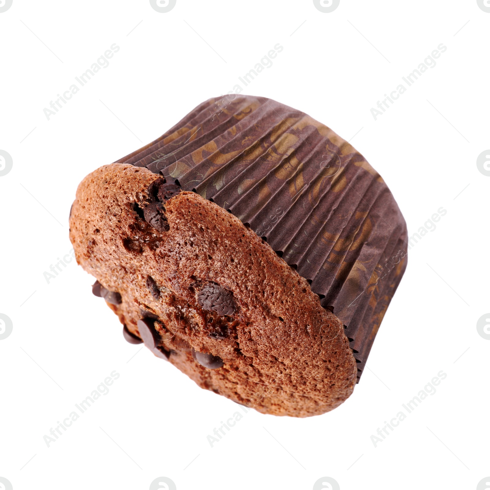 Photo of Delicious sweet muffin with chocolate chips isolated on white