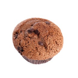 Photo of Delicious sweet muffin with chocolate chips isolated on white