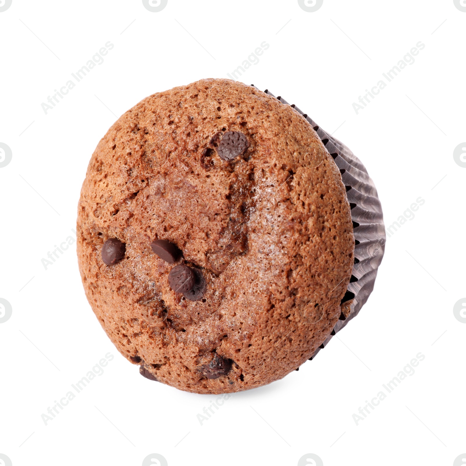 Photo of Delicious sweet muffin with chocolate chips isolated on white