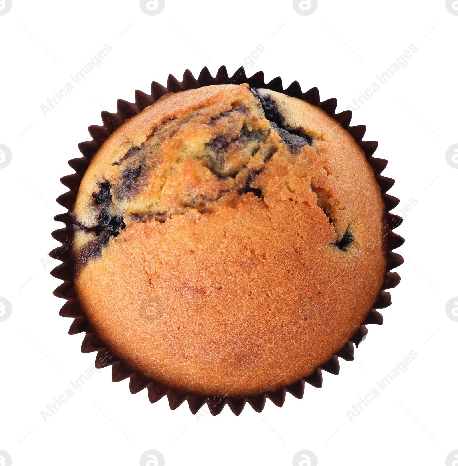 Photo of Delicious sweet muffins with blueberry isolated on white, top view