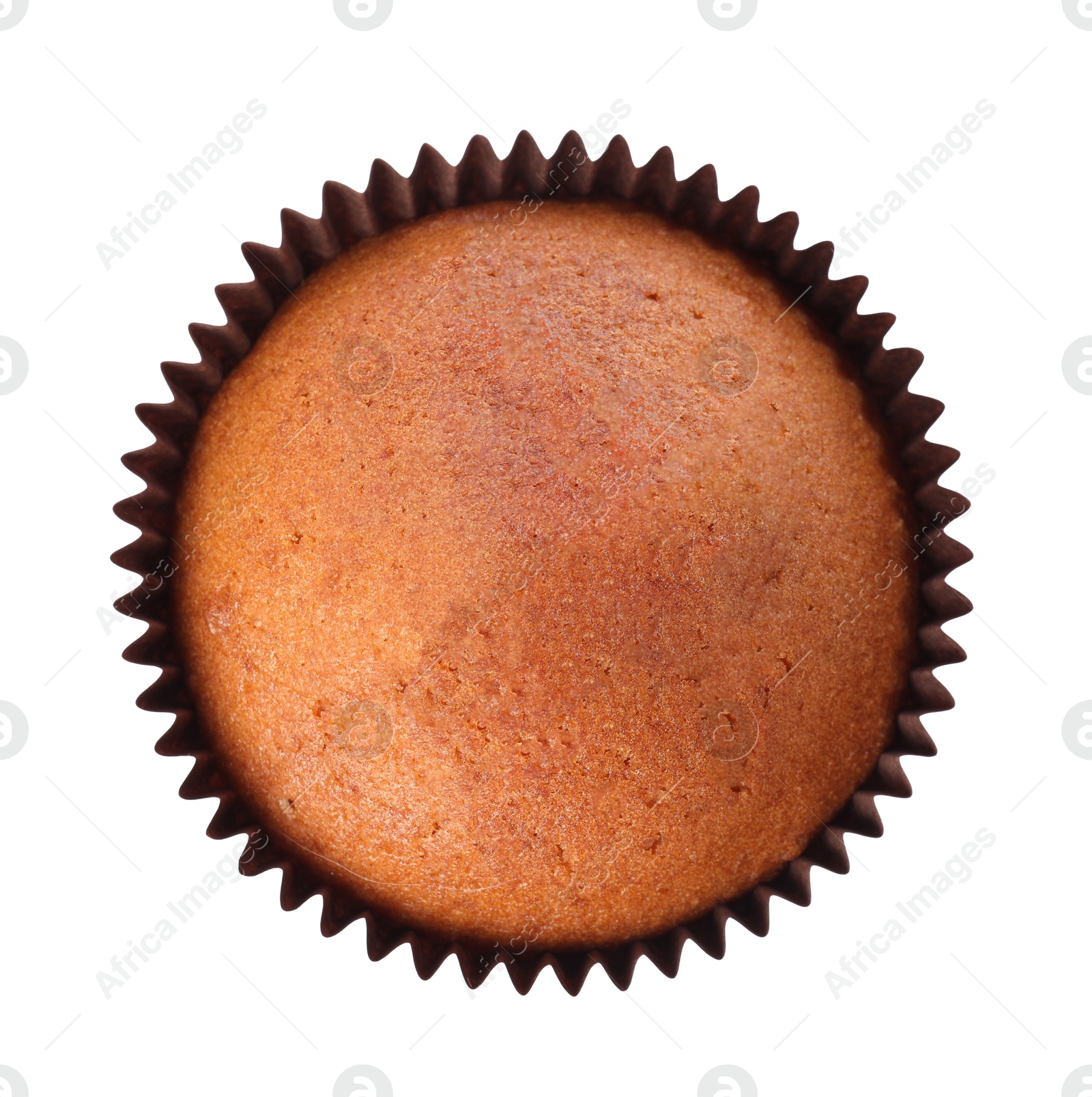 Photo of One delicious sweet muffin isolated on white, top view