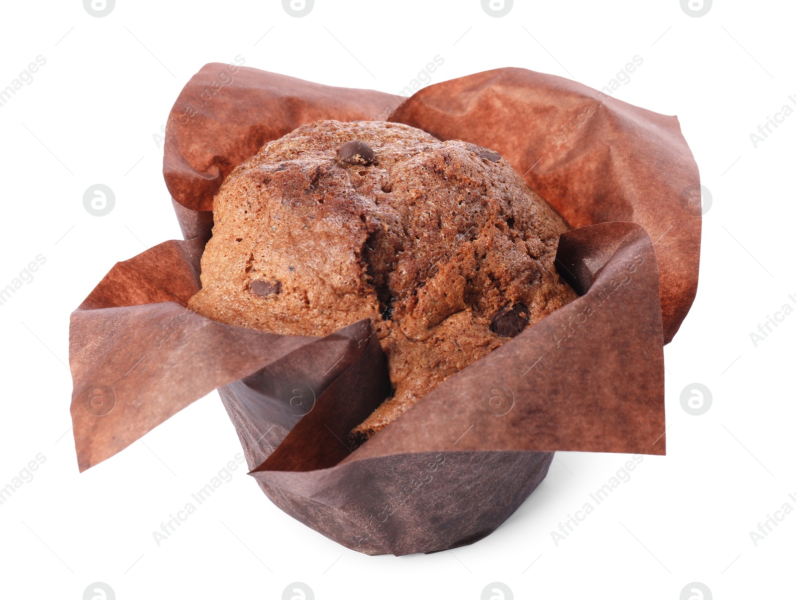 Photo of Delicious sweet muffin with chocolate chips isolated on white