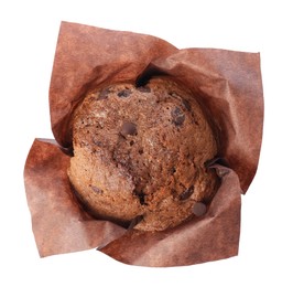 Photo of Delicious sweet muffin with chocolate chips isolated on white, top view