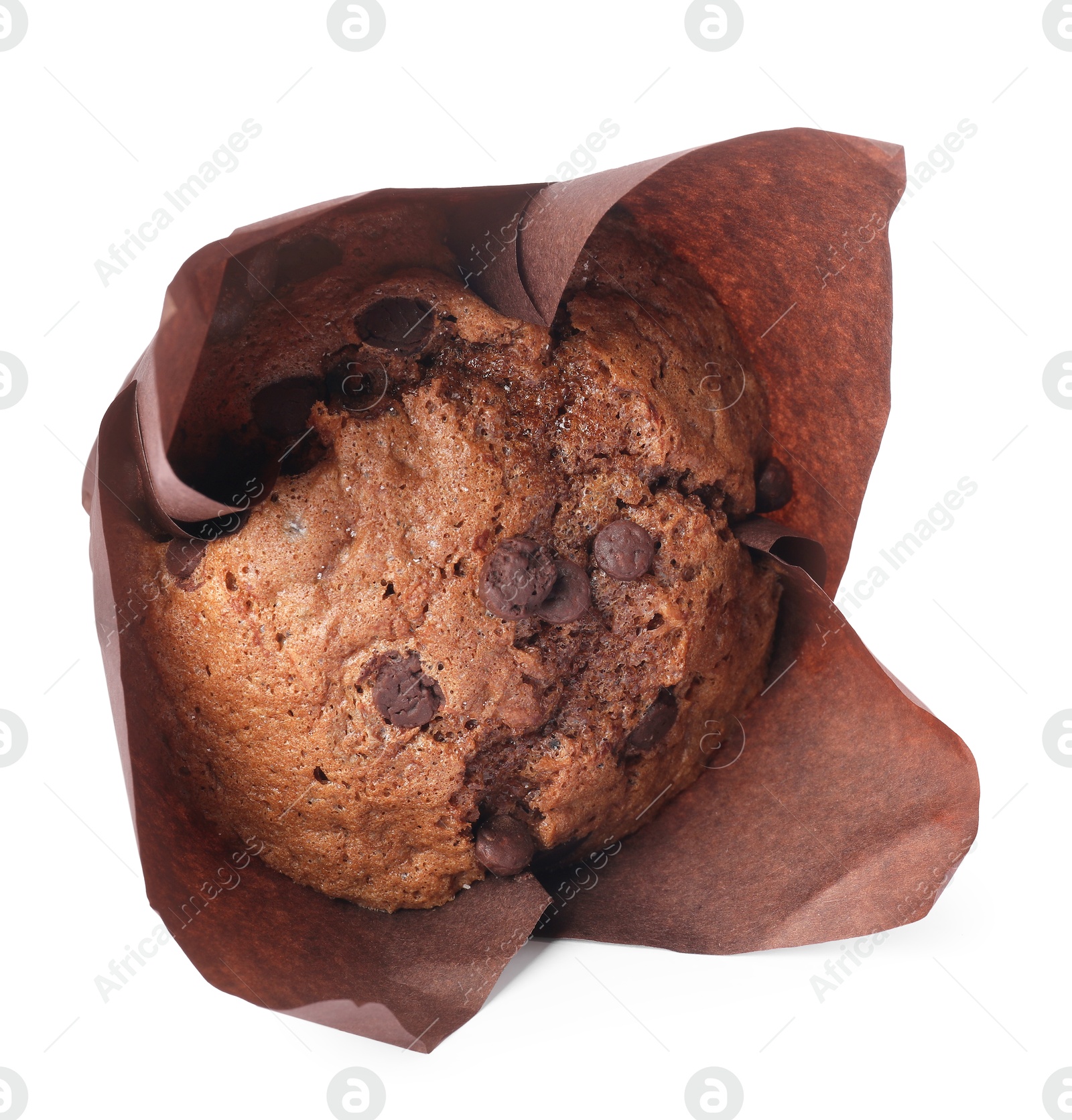 Photo of Delicious sweet muffin with chocolate chips isolated on white