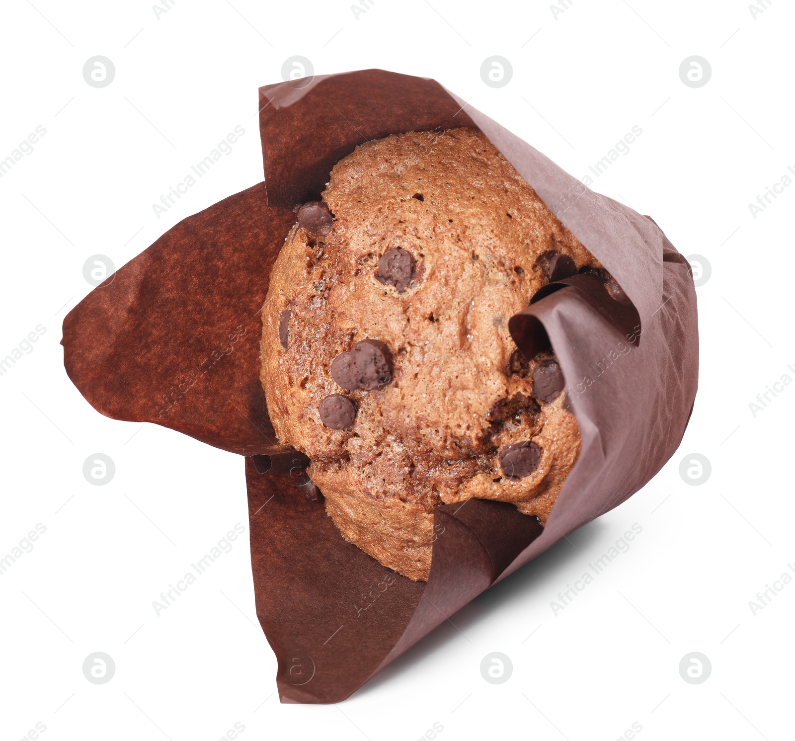 Photo of Delicious sweet muffin with chocolate chips isolated on white