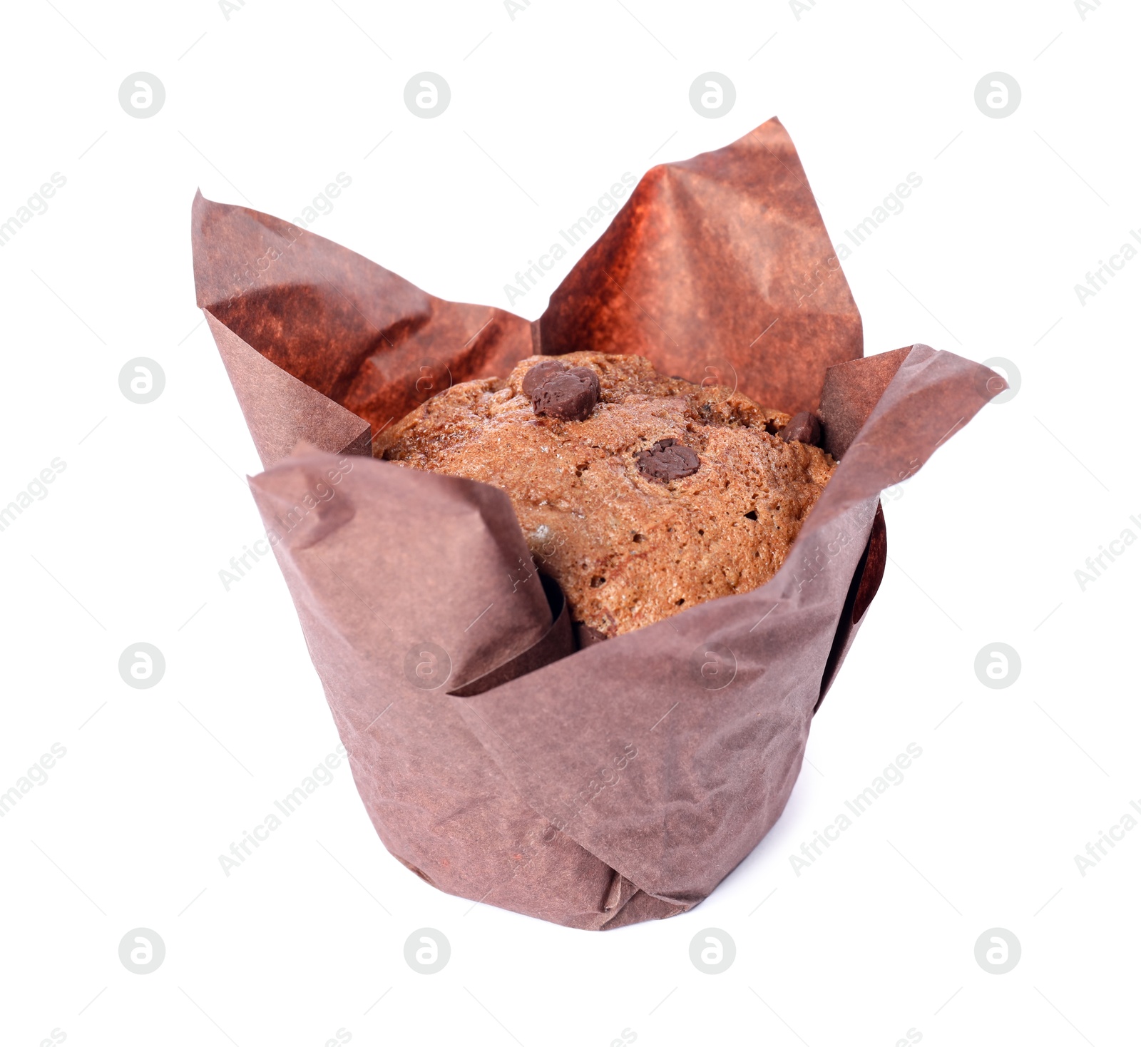 Photo of Delicious sweet muffin with chocolate chips isolated on white