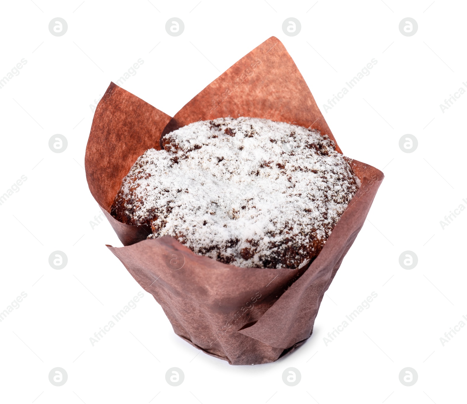 Photo of Delicious sweet muffin with powdered sugar isolated on white