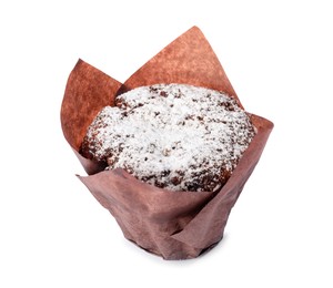 Photo of Delicious sweet muffin with powdered sugar isolated on white