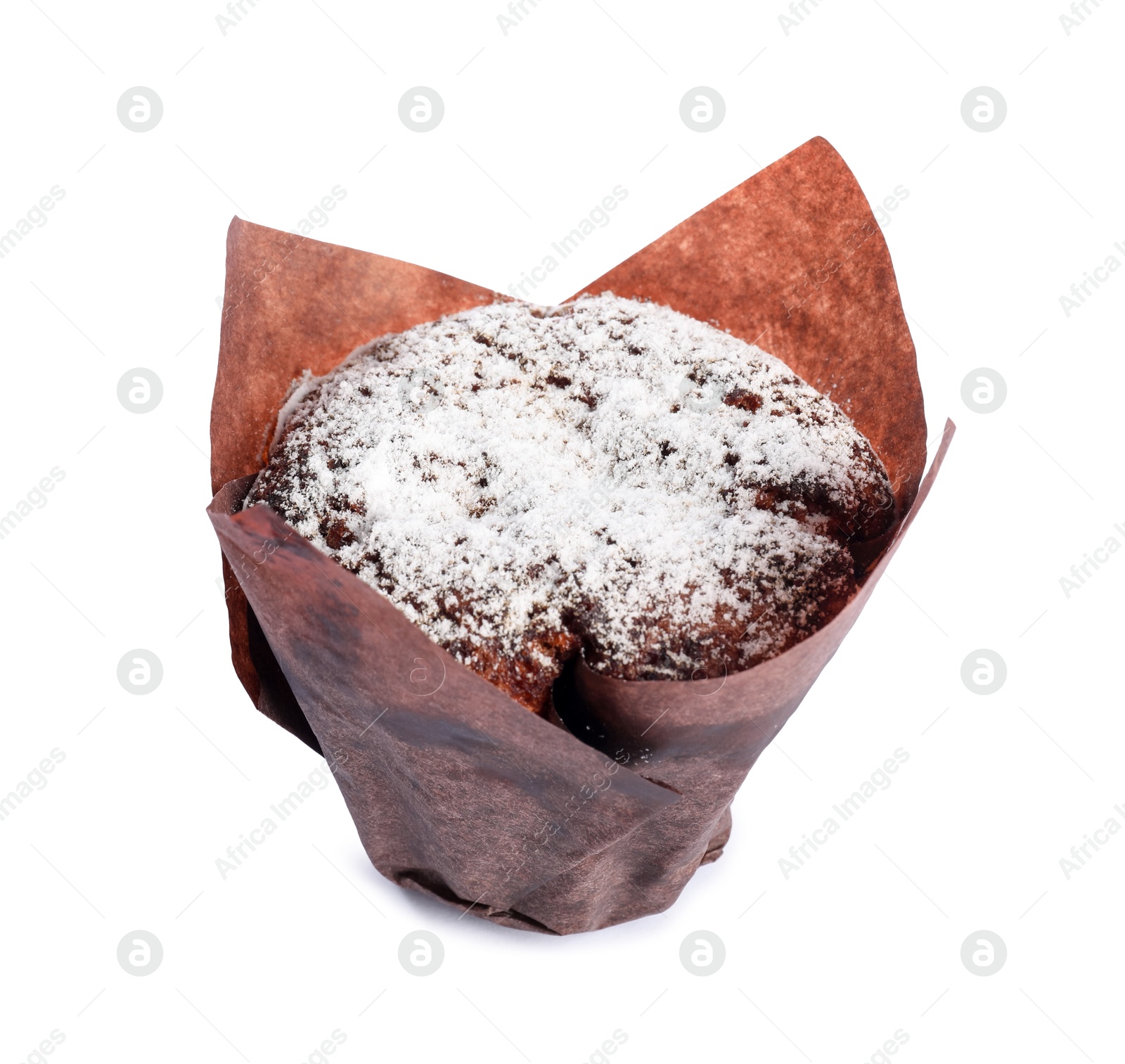 Photo of Delicious sweet muffin with powdered sugar isolated on white