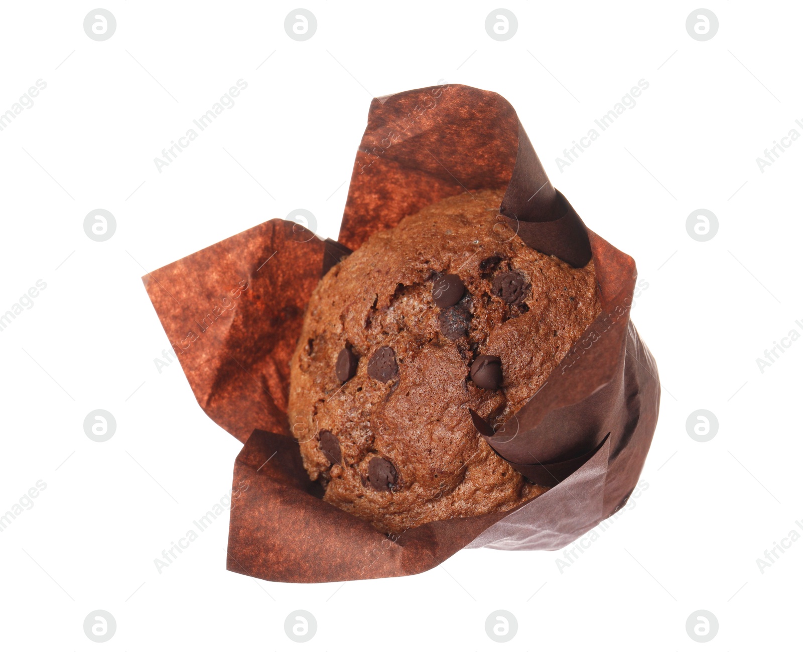 Photo of Delicious sweet muffin with chocolate chips isolated on white