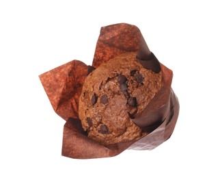 Photo of Delicious sweet muffin with chocolate chips isolated on white