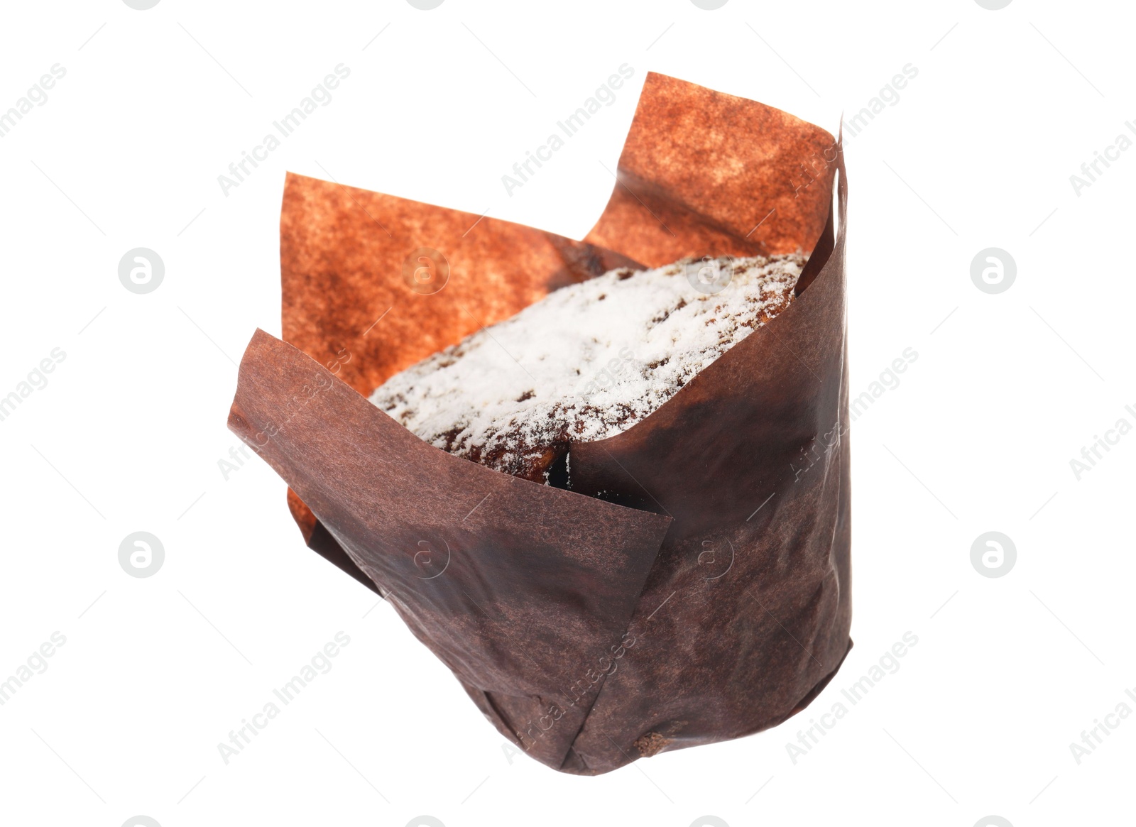 Photo of Delicious sweet muffin with powdered sugar isolated on white