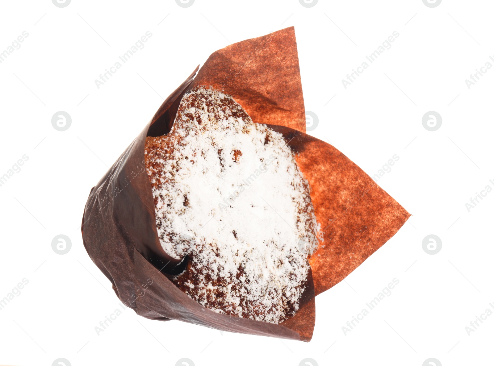 Photo of Delicious sweet muffin with powdered sugar isolated on white