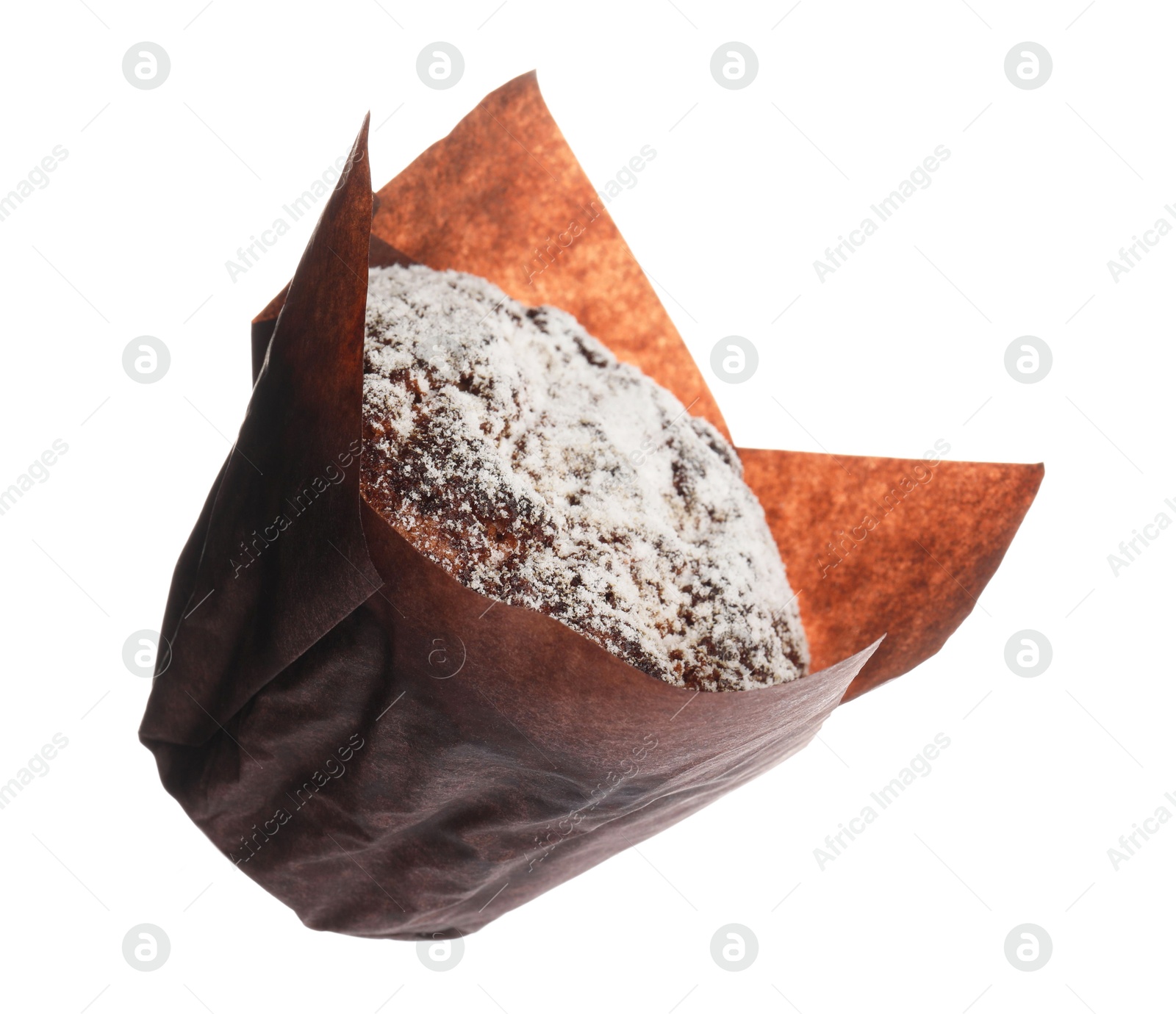 Photo of Delicious sweet muffin with powdered sugar isolated on white