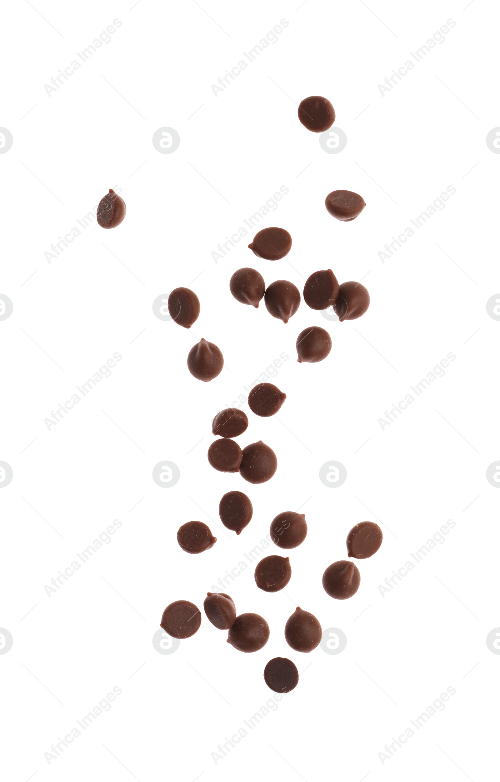 Photo of Many sweet chocolate chips isolated on white